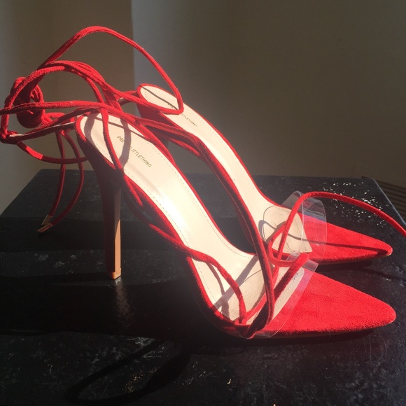 PrettyLittleThing Shoes - Translucent and Red lace up stilettos